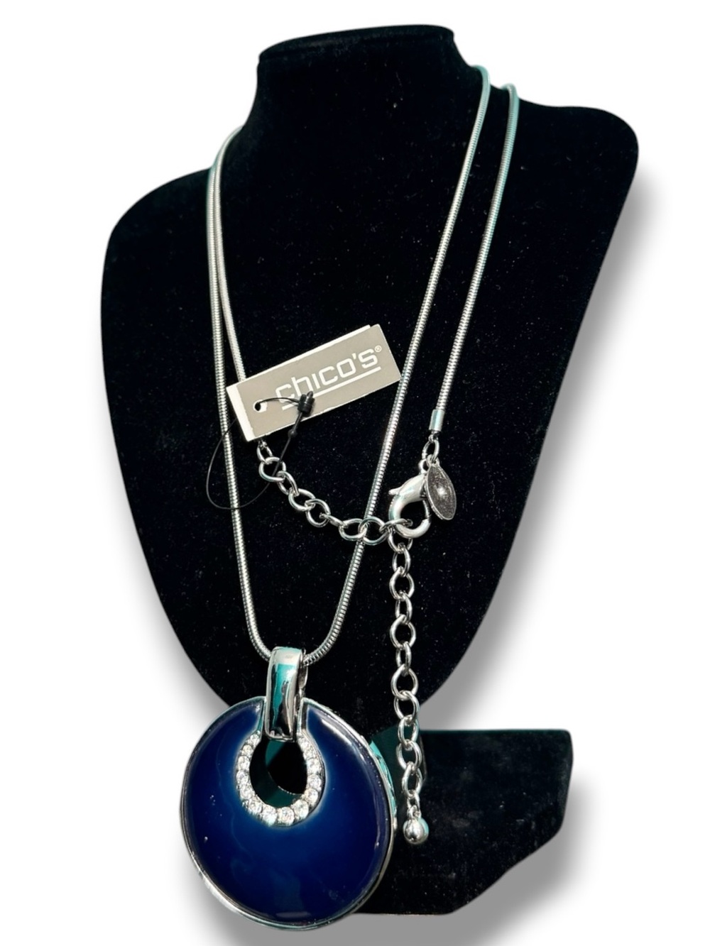 Chico's Silver-Tone Necklace with Deep Blue Enamel Pendant